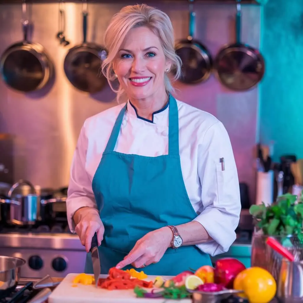 A smiling chef chopping vegetables in a cozy kitchen