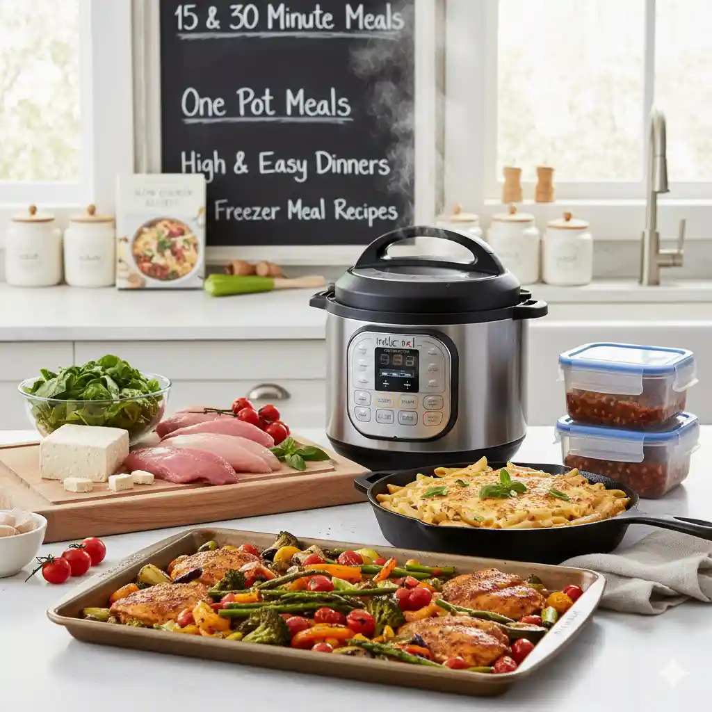 Vibrant kitchen counter with steaming Instant Pot, chicken and veggie sheet pan, pasta skillet, and ingredients for 15-minute, high-protein, and freezer meals. Features for quick and easy dinner recipes like one-pot, slow cooker, and vegetarian options